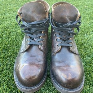 Frye Prison Brown Leather Boots with Distressed Finish